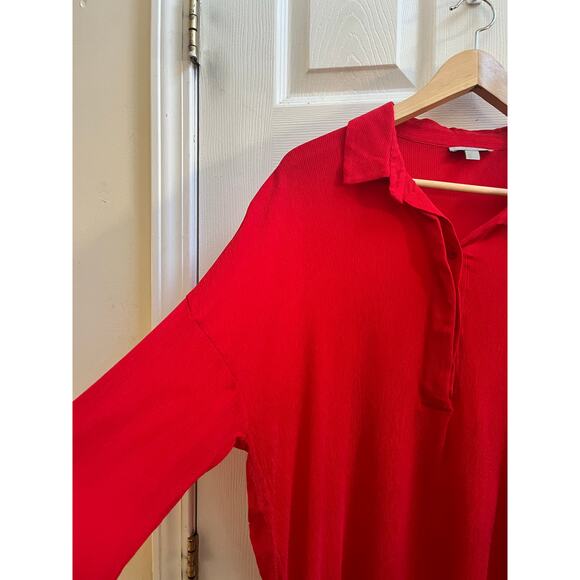 Cos Red Textured Half Placket Button Popover Relaxed Fit Tunic Blouse Medium - Picture 10 of 14